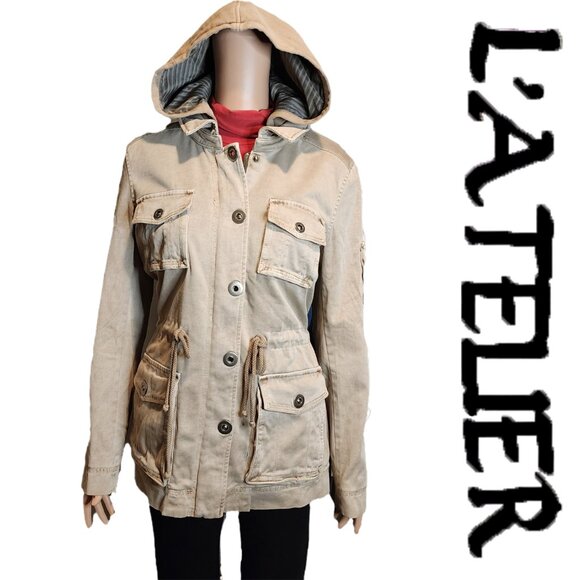 L’atelier Hooded Utility Jacket with Drawstring Waist NWOT Tan Med - Picture 1 of 15